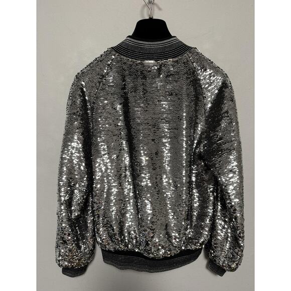 Libertine Jacket Womens Medium Silver Sequin Bomber Zip Handmade USA Riri Lined - Picture 10 of 14